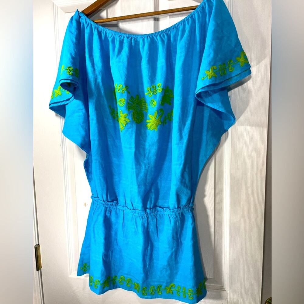 Debbie Katz South Beach Embroidered Turquoise Tunic with Fluted Sleeves Sz Large